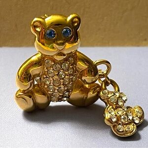 MONET Gold Tone Teddy Bear Brooch with Rhinestones Vintage